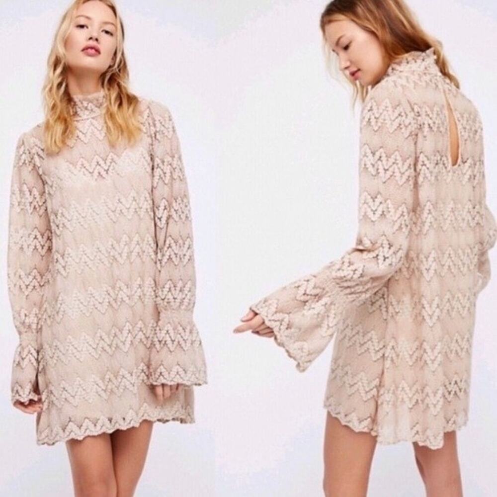 New Free People Simone Neutral Crochet Lace Mini Dress $128 Small Mock Taupe
